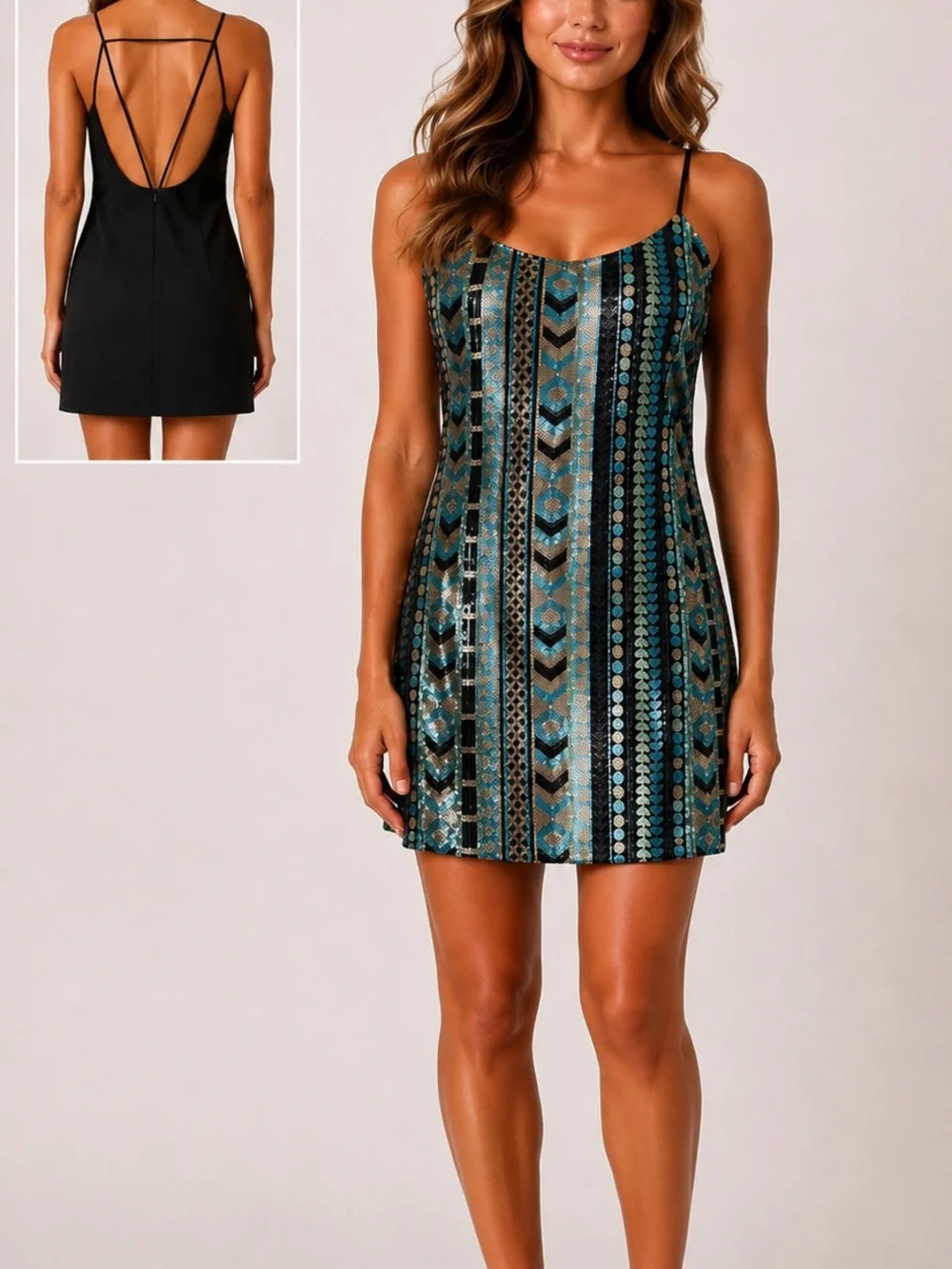 Forever 21 Contemporary Sequin Mini Dress Black Blue Gold Geometric Open Back L